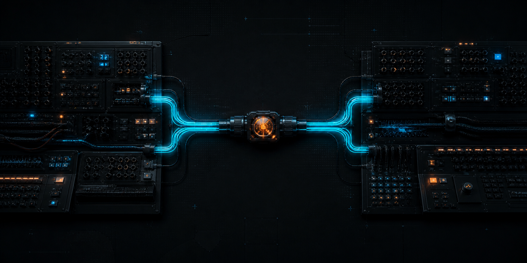 A luminous technical collaboration node linking signal paths in a field-ready production system