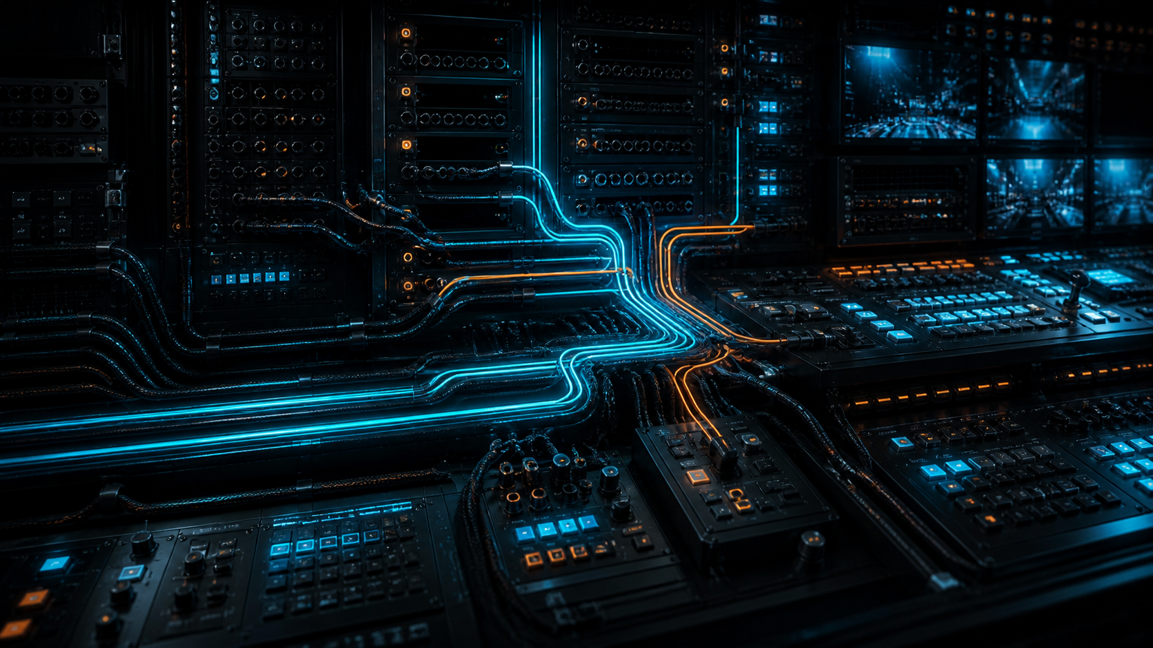 Multiple AV signal routes converging into a production system